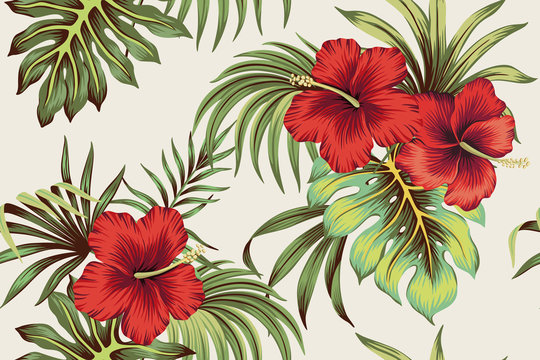 Fototapeta Tropical Hawaiian vintage red hibiscus floral green leaves seamless pattern white background. Exotic jungle wallpaper.