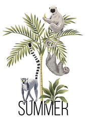 Tropical palm leaves, lemur and sloth floral illustration. Exotic jungle summer slogan.