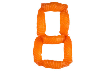 Sushi alphabet number eight isolated on white background. Number 