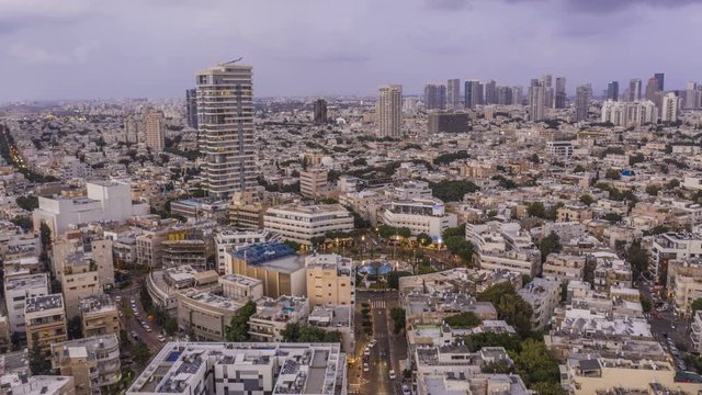 Big roundabout - Aerial hyperlapse - Dizengoff square in tel Aviv, Israel, at night, 4k drone view