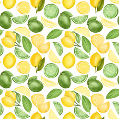 Seamless pattern with hand drawn lemons and limes on a white background
