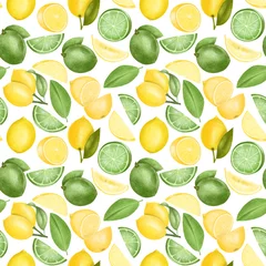 Zelfklevend behang Citroen Naadloos patroon met hand getrokken citroenen en limoenen op een witte achtergrond