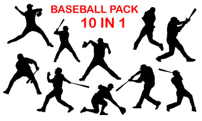  Silhouettes of baseball premium pack, 10 detailed, baseball vectors