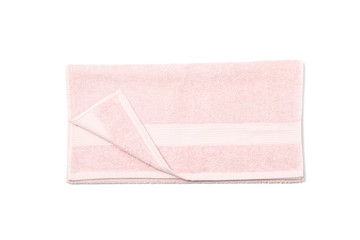 Pink towel isolated on white background, top view
