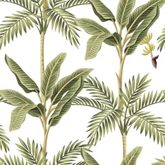 Plaid avec motif Imprimé botanique Palmiers tropicaux vintage, arrière-plan blanc à motif floral harmonieux de bananier. Papier peint jungle botanique exotique.