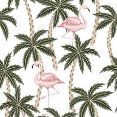 Tropical vintage pink flamingo and palm trees floral seamless pattern white background. Exotic jungle wallpaper.