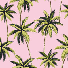 Tropische groene palmbomen naadloze bloemmotief roze achtergrond. Exotisch junglebehang.