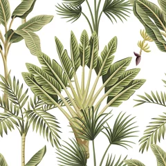 Papier Peint photo autocollant Imprimé botanique Palmiers tropicaux vintage, arrière-plan blanc à motif floral harmonieux de bananier. Papier peint jungle botanique exotique.
