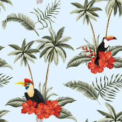 Tropische vintage rode hibiscus bloem, palmbomen, palmbladeren, exotische vogels en toekan bloemen naadloze patroon blauwe achtergrond. Exotisch junglebehang.