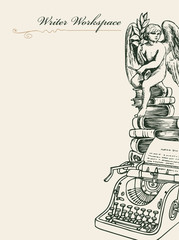 Vector banner or page on a writers theme with sketches and place for text. Writer workspace. Artistic illustration with pencil drawing of typewriter, books and angel in retro style