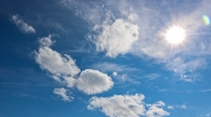 Sunny natural background, blue sky with cirrus and cumulus clouds. The concept of travel, dreams,...