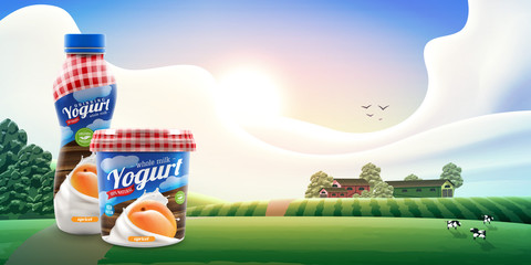 Apricot Yogurt packaging design on rural outdoor background with trees and cows. Beverage vector illustration of yogurt bottle and pot placed together. Product branding or advertising design ready.