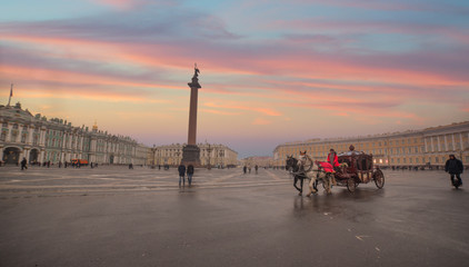 horse carriage on the background of the Winter Palace