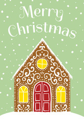 Merry Christmas greeting card with gingerbread house