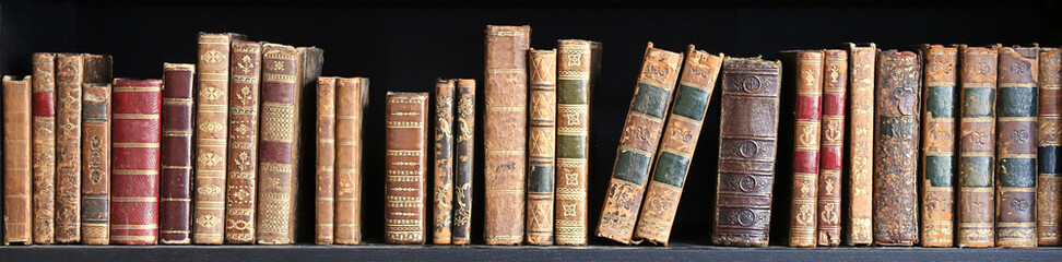 old books on wooden shelf
