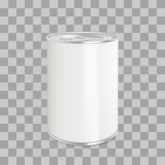 Tin can on a white background at an angle, canned food, template for design and advertising, packaging for canning. Vector mockup.
