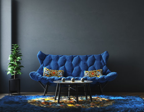 Home interior with furniture in trendy blue color, Classic Blue color of the Year 2020,  3d render