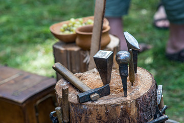 wood working tools on the wooden stump