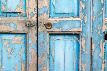 Old wooden door, blue, black ground texture