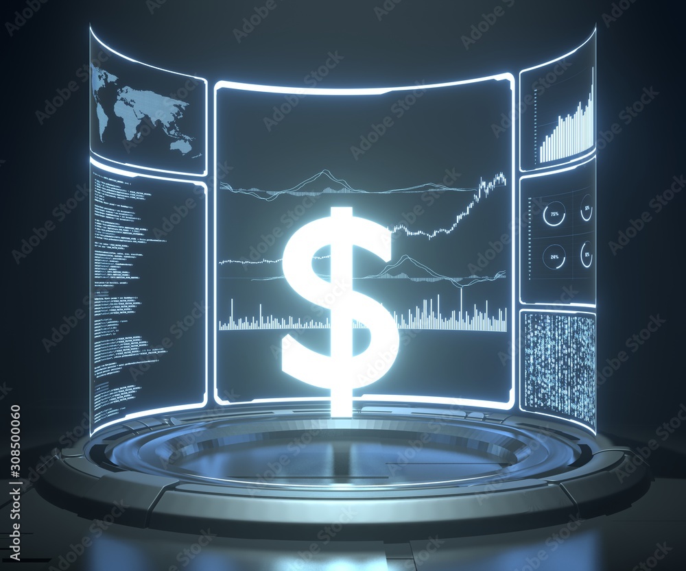 Poster 3d rendering of glowing dollar sign in high tech room with various business and accounting data on c
