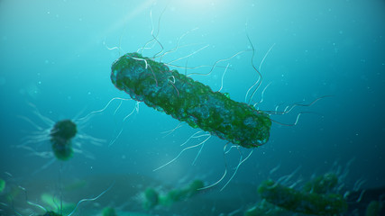 Viruses causing infectious diseases, decreased immunity. Concept of viral disease. Virus abstract background. Cell infect organism. Abstract pathogenic bacteria. Rabies virus, 3d illustration