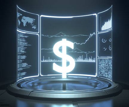 3D Rendering Of Glowing Dollar Sign In High Tech Room With Various Business And Accounting Data On Curved  Display Panel. Concept For Financial Advisory Using Artificial Intelligence Technology.