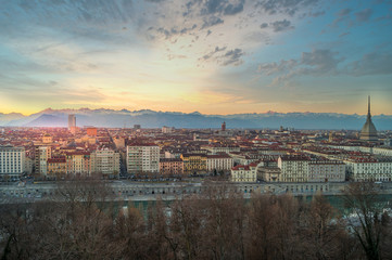 Panorama of Turin with Mole antonelliana at sunset