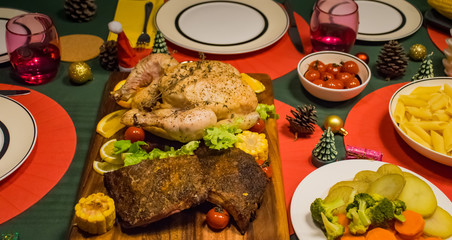 Foods on the table for Christmas party cheerful family and  drink.Celebrating New Year.  