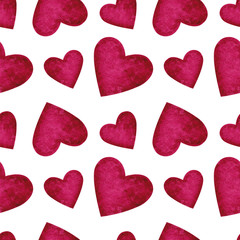 Watercolor Hand Drawn Colorful Deep Pink Hearts Isolated on White Background Seamless Pattern. Good for Valentine, card, scrapbooking, textile, wrapping paper, party, celebration, cover and other.