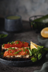 cheese and salmon sandwiches, coffee matcha, breakfast concept