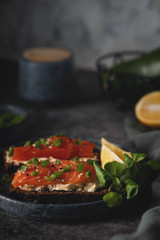 cheese and salmon sandwiches, coffee, breakfast concept