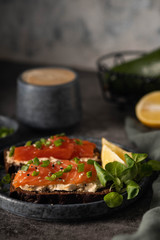 cheese and salmon sandwiches, coffee, breakfast concept