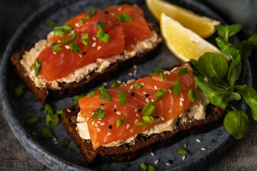 soft cheese and salmon toasts, close-up, top view