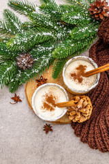 Obraz na płótnie Canvas Homemade eggnog with cinnamon in glass. Typical Christmas dessert. Evergreen fir brunch, cones, cozy plaid, artificial snow. Stone concrete background