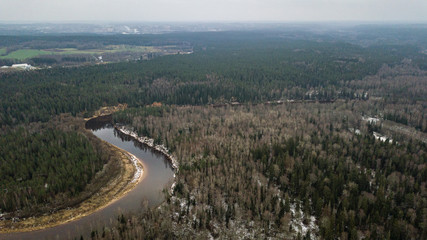 Fototapeta na wymiar River in winter forest with green trees from above. Aerial drone image of river Gauja in Latvia