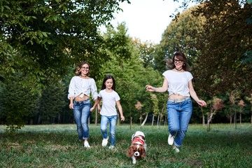 Fototapeta premium Three young girls, wearing blue jeans and white shirts, running in green park with small dog in summer. Family fun walk with cavalier king charles spaniel