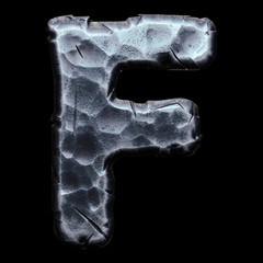 Capital letter F made of forged metal in the center of circle isolated on black background. 3d