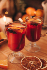 Atmospheric Christmas or New Year background with mulled wine. Close up of mulled wine, soft focus, shallow depth of field