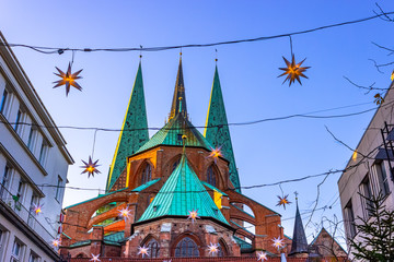 St. Mary's Church with Christmas lights, Lübeck, Germany