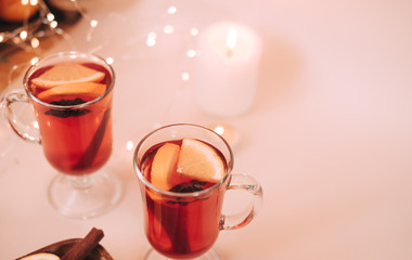 Atmospheric Christmas or New Year background with mulled wine. Close up of mulled wine, soft focus, shallow depth of field