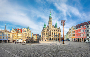 Fototapeta na wymiar Liberec, Czechia. Panoramic view of main square with Town Hall building and fountain
