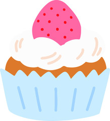 Flat colored cupcake with strawberry and cream