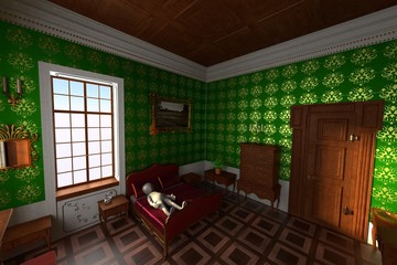 3D Render of Cartoon Character in Baroque Bedroom