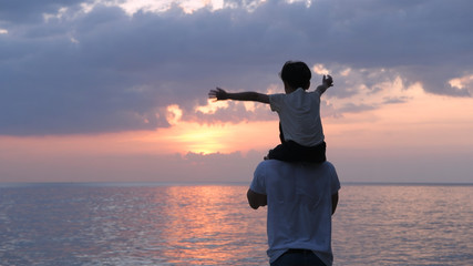 Fototapeta premium Holiday concept. The silhouette of the son riding on the back of father walking on the beach. 4k Resolution.