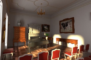 3D Render of Cartoon Character playing piano in Hall