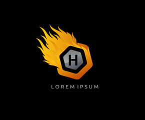 Fototapeta premium Hexa Flame H Letter Logo, Digital Hexagon Fire.