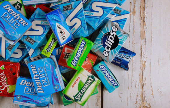 Various brand of chewing gum in packaging on brands Orbit, Extra, Eclipse, Freedent, Wrigley, Spearmint, Trident, Stride