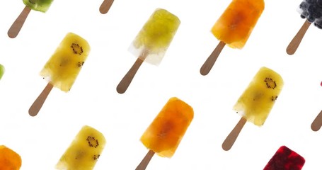 Abstract colorful animation - colorful fruit popsicles moving. Fruit ice lollies color background, 4k
