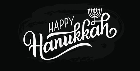 Happy Hanukkah holiday lettering with menorah, isolated on white. Hand drawn vector typographic design with modern calligraphy. Happy Hanukkah logotype, badge and icon typography. EPS 10 - obrazy, fototapety, plakaty