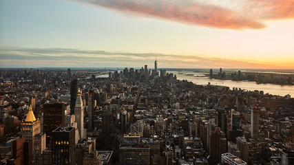 New York City aerial view on sunset 